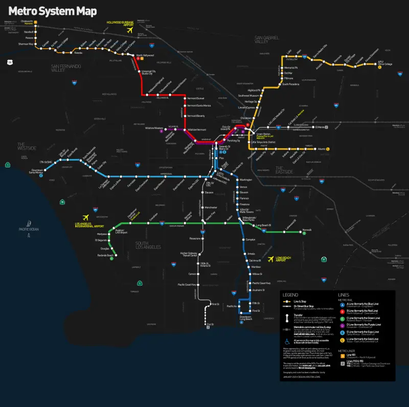 A map of the five train lines (Metro Rail) and two rapid bus lines (Metro Busway) in the Los Angeles County Metropolitan Transportation Authority system. There are a red line and a purple line going from east to west in the upper part of the map and a gold line in the northeast corner. There is a blue line going from north to south in the middle of the map, and a green line going from east to west near the bottom.